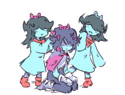  1other 2girls aqua_(deltarune) aqua_dress aqua_skin armor black_hair blue_bow blue_hair bow clone colored_skin covered_eyes deltarune dress hair_bow kris_(dark_world)_(deltarune) kris_(deltarune) multiple_girls multiple_hair_bows nonounno pink_bow pink_scarf red_scarf red_shoes scarf shaded_face shoes sitting sleeves_past_fingers sleeves_past_wrists utdr_(toby_fox) white_background 