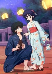  1boy 1girl anime_coloring barefoot black_hair blue_hair blue_kimono blush fenbian festival flower full_body hair_flower hair_ornament hand_on_another's_shoulder highres holding holding_unworn_sandals japanese_clothes kimono lantern looking_at_another looking_up low_ponytail night obi on_one_knee open_mouth outdoors paper_lantern parted_lips ponytail ranma_1/2 red_sash redrawn sandals saotome_ranma sash short_hair single_bare_foot single_sandal sky standing star_(sky) starry_sky summer_festival tendou_akane tree white_kimono yukata zouri 