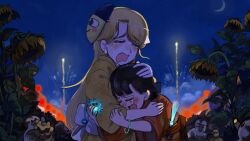  2girls absurdres bird black_hair blonde_hair chicken closed_eyes commentary crescent_moon crying diva_(hyxpk) duck english_commentary fireworks flower highres hug japanese_clothes kimono long_hair mask mask_on_head moon multiple_girls night original red_kimono short_hair summer_festival sunflower tears yellow_kimono 