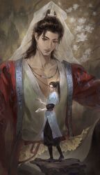  2boys absurdres all_wishes_come_true! animal_print arm_wrap beads bindi bird_print black_boots black_hair black_pants black_sash blue_hanfu blue_trim boots branch brown_hair buddhism calligraphy_brush chinese_clothes chinese_commentary closed_mouth coat collarbone commentary_request facial_hair facial_mark flame_print flower forehead_mark full_body guanyin hair_bun half_updo hanfu high_ponytail highres holding holding_calligraphy_brush holding_paintbrush implied_yaoi jewelry leaf leaf_belt leaf_ornament long_hair long_sleeves looking_at_viewer lv_dongbin_(all_wishes_come_true!) male_focus moshengrenshibushimeiyouma mountain multiple_boys mustache_stubble necklace open_clothes open_coat outstretched_arms paintbrush painting_(action) painting_(object) pants pectoral_cleavage pectorals ponytail print_robe red_coat red_sash robe sash sidelocks single_hair_bun sitting standing stubble topknot veil white_flower white_hanfu white_veil xiao_guan_(headdress) zhongli_quan_(all_wishes_come_true!) 