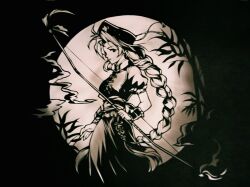  1girl arrow_(projectile) bamboo bow_(weapon) braid closed_mouth dress greyscale hat highres holding holding_arrow holding_bow_(weapon) holding_weapon long_hair looking_at_viewer monochrome nurse_cap paper_cutout_(medium) papercraft_(medium) puffy_short_sleeves puffy_sleeves short_sleeves solo touhou tsubameyado unconventional_media very_long_hair weapon wrist_cuffs yagokoro_eirin 