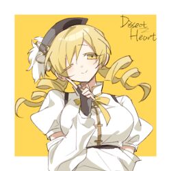 1girl black_gloves black_hat blonde_hair border closed_mouth commentary detached_sleeves diyu_shizhe drill_hair fingerless_gloves gloves hat index_finger_raised long_sleeves magical_girl mahou_shoujo_madoka_magica mahou_shoujo_madoka_magica_(anime) one_eye_closed outside_border puffy_short_sleeves puffy_sleeves short_sleeves smile solo tomoe_mami tomoe_mami_(magical_girl) twin_drills twintails white_border yellow_background yellow_eyes