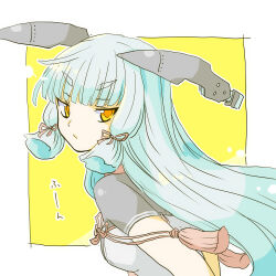  1girl blunt_bangs breasts commentary_request dress floating_headgear fudeyama_(fudeco) hair_ribbon headgear highres kantai_collection long_hair looking_at_viewer medium_breasts murakumo_(kancolle) murakumo_kai_ni_(kancolle) necktie orange_eyes red_necktie ribbon sidelocks solo strapless strapless_dress tress_ribbon undershirt upper_body very_long_hair 