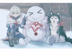  >_< 1boy 53t_ks ahoge alyosha_(genshin_impact) animal animal_ear_fluff animal_ears animal_nose black_boots black_fur black_gloves black_shirt blue_eyes blue_jacket blue_pants blush_stickers boots border cape closed_mouth day dog dog_ears dog_tail earmuffs fur-trimmed_boots fur-trimmed_cape fur_trim genshin_impact gloves green_hair hair_between_eyes hand_on_own_knee hand_up highres hood hooded_cape husky jacket long_sleeves looking_at_viewer on_one_knee outdoors pants pet shirt short_hair smile snow snowing snowman tail turtleneck turtleneck_shirt two-tone_fur v white_border white_cape white_fur winter yellow_eyes 