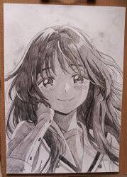 1girl closed_mouth commentary eyelashes graphite_(medium) greyscale hairband hand_on_own_neck highres kaoru_hana_wa_rin_to_saku kikyo_private_academy_school_uniform leizyart long_hair long_sleeves looking_at_viewer monochrome sailor_collar sailor_shirt school_uniform shirt smile solo traditional_media upper_body waguri_kaoruko wispy_bangs 