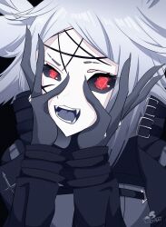  1girl absurdres black_jacket black_sclera bodysuit colored_sclera colored_skin colored_tongue commentary cross default_illust dyarikku_(vtuber) facial_mark fangs fox_girl grey_bodysuit grey_hair highres indie_virtual_youtuber jacket looking_at_viewer open_mouth pentagram purple_tongue red_eyes solo virtual_youtuber white_skin x_(symbol) x_facial_mark 