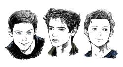  3boys 3gyuu aegyo_sal andrew_garfield blue_eyes blush brown_eyes closed_mouth commentary_request highres korean_commentary looking_to_the_side male_focus marvel multiple_boys peter_parker portrait short_hair simple_background smile spider-man spider-man:_no_way_home spider-man_(series) spot_color the_amazing_spider-man tobey_maguire tom_holland 