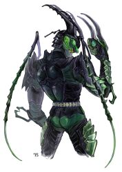  75_(7nanaju22809) absurdres animification artist_name commentary_request compound_eyes core_medal cropped_legs from_behind hand_up highres holding kamen_rider kamen_rider_ooo_(series) simple_background solo tokusatsu uva white_background 