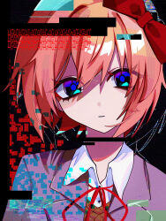  1girl absurdres ama_some_(kr0ri) black_background blazer bow collared_shirt doki_doki_literature_club glitch grey_jacket hair_bow highres jacket neck_ribbon parted_lips pink_hair red_bow red_ribbon ribbon sayori_(doki_doki_literature_club) shirt short_hair solo white_shirt 