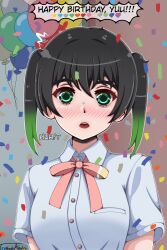  1girl ^^^ absurdres artist_name balloon black_hair blush collared_shirt commentary confetti english_commentary english_text gradient_hair green_eyes green_hair hair_between_eyes happy_birthday highres looking_at_viewer love_live! love_live!_nijigasaki_high_school_idol_club medium_hair multicolored_hair nijigasaki_school_uniform open_mouth pink_ribbon ribbon school_uniform shirt speech_bubble takasaki_yu truffadeazalea twintails two-tone_hair upper_body white_shirt 