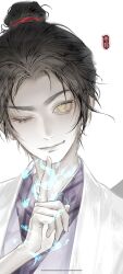  1boy absurdres aged_down all_wishes_come_true! black_hair chinese_clothes chinese_commentary closed_mouth commentary_request eyelashes finger_to_mouth glowing hair_bun hand_up hanfu head_tilt highres hujhj hydrokinesis index_finger_raised looking_at_viewer magic one_eye_closed portrait seal_impression shushing simple_background single_hair_bun smile solo upper_body water white_background white_hanfu yellow_eyes zhongli_quan_(all_wishes_come_true!) 