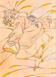  1girl ahoge ange_katrina ange_katrina_(1st_costume) barefoot bed_sheet blush closed_eyes closed_mouth clothes_blanket coat commentary_request crossed_bangs fang fang_out foot_blush full_body graphite_(medium) hair_between_eyes hand_up highres lying mole mole_under_eye monochrome nijisanji noharano sasaki_saku sepia sleeping smile solo spot_color traditional_media under_covers virtual_youtuber 