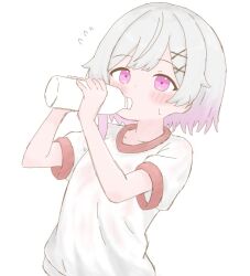  1girl blush bottle drinking flying_sweatdrops gradient_hair grey_hair gym_shirt gym_uniform hair_ornament hairclip holding holding_bottle mahou_shoujo_no_majo_saiban multicolored_hair pink_eyes pink_hair sakuraba_ema shirt short_hair short_sleeves simple_background solo sweat tabedesuyo upper_body violet_eyes water_bottle white_background white_shirt x_hair_ornament 