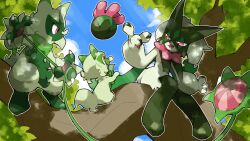  animal_focus blacknirrow body_fur cat claws day evolutionary_line fangs floragato flower_trick_(pokemon) forest grass grass_type_theme_(pokemon) green_fur green_theme highres in_tree leaf mask meowscarada nature no_humans olive on_tree outdoors pawpads plant pokemon pokemon_(creature) pokemon_focus pokemon_move pokemon_scarlet_and_violet sitting sitting_in_tree sprigatito tree two-tone_fur vines yo-yo 
