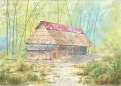  abandoned bamboo bamboo_forest building commentary_request corrugated_galvanized_iron_sheet day fallen_tree forest grass house nature no_humans original outdoors painting_(medium) paruperu path rural scenery traditional_media watercolor_(medium) 