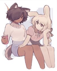  2girls ^^^ animal_ear_fluff animal_ears bare_legs black_bow black_eyes black_hair black_skirt blonde_hair blush border bow braid brown_eyes closed_mouth cup dark-skinned_female dark_skin disposable_cup dog_ears dog_girl dog_tail drinking_straw elbow_rest expressionless fang feet_out_of_frame fluffy_hair flustered hair_bow hair_over_one_eye hand_on_another's_thigh head_rest high-waist_shorts high-waist_skirt holding holding_cup iahtruong invisible_chair leaning_forward long_hair long_sleeves looking_at_another multiple_girls neck_ribbon nervous_smile one_ear_down one_eye_covered original outside_border puffy_short_sleeves puffy_sleeves rabbit_ears rabbit_girl ribbon short_sleeves shorts single_braid sitting skin_fang skirt smile tail thick_eyebrows turtleneck white_border yuri 