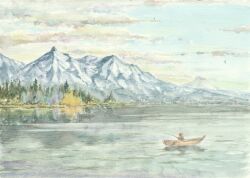  1other ambiguous_gender boat canada clouds commentary_request day fisherman fishing fishing_rod forest gradient_sky holding holding_fishing_rod lake landscape mountain nature on_boat original outdoors painting_(medium) paruperu reflection reflective_liquid scenery sky solo traditional_media very_wide_shot watercolor_(medium) watercraft 