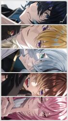  5boys black_gloves black_hair blonde_hair blue_eyes brown_hair claude_grain closed_mouth colored_tips dorothy_(over_requiemz) exif_rotation eyelashes fangs finger_to_mouth gloves green_eyes grey_hair highres jacket jewelry kaize_ozma looking_at_viewer male_focus molly_woodland multicolored_hair multiple_boys noil_bestia open_mouth over_requiemz pink_eyes pink_hair portrait ring rotated shushing tongue tongue_out two-tone_hair violet_eyes white_gloves yukineko329 