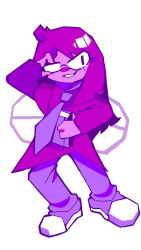  1other adjusting_eyewear book colored_skin commentary deltarune english_commentary glasses highres holding holding_book necktie pants purple_hair purple_necktie purple_pants purple_shirt purple_skin seth_(deltarune) shirt slippers solo someboywhomusicsanddraws utdr_(toby_fox) white_background white_slippers 
