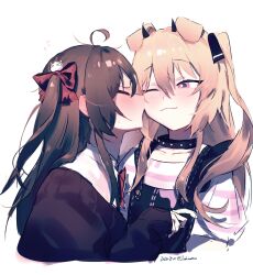 2girls ahoge animal_collar animal_ears black_cardigan black_collar black_horns black_overalls black_ribbon blonde_hair bow bowtie brown_hair cardigan cerber_(vtuber) closed_eyes closed_mouth collar commentary cropped_torso dog_ears dog_girl evil_neuro-sama evil_neuro-sama_(1st_costume) hair_between_eyes hair_bow hair_ornament hair_ribbon highres horns indie_virtual_youtuber kiss kissing_cheek lexingzi long_hair multiple_girls one_eye_closed overalls profile red_bow red_bowtie ribbon shirt simple_background skull_hair_ornament striped_clothes striped_shirt two_side_up vedal_ai violet_eyes virtual_youtuber white_background white_shirt 