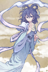  1girl alternate_costume blue_dress blue_eyes blue_hair closed_mouth commentary_request dress fog grass_print hagoromo hair_ornament hair_rings hair_stick hand_fan highres holding holding_fan kaku_seiga looking_at_viewer print_fan shawl smile solo touhou tuanshan wide_sleeves y_h 