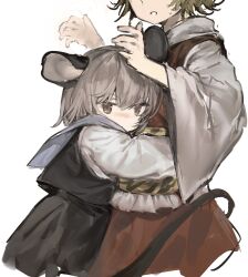  2girls animal_ears animal_print black_skirt black_vest blonde_hair capelet grey_capelet grey_hair height_difference highres hug long_sleeves looking_at_viewer mouse_ears mouse_girl mouse_tail multiple_girls nazrin possessive red_eyes red_skirt red_vest sayoko404 shirt skirt sweatdrop tail tiger_print toramaru_shou touhou vest white_shirt wide_sleeves yuri 