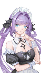  1girl :/ bare_shoulders black_dress blue_eyes breasts chinese_commentary cleavage_cutout clothing_cutout commentary_request dress hair_intakes hair_rings hand_on_own_elbow hand_up highres looking_at_viewer maid maid_headdress medium_breasts mole mole_on_breast original puffy_short_sleeves puffy_sleeves purple_hair short_sleeves solo twintails upper_body vellie_wenv white_background white_wrist_cuffs wrist_cuffs 