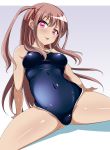  atarashi_ako brown_hair highres long_hair red_eyes saki saki_achiga-hen school_swimsuit swimsuit taigi_akira tongue twintails two_side_up 