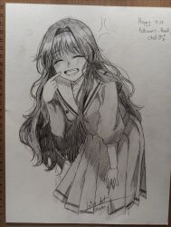  1girl ^_^ bent closed_eyes commentary cropped_legs dated english_commentary facing_viewer graphite_(medium) greyscale hairband hand_on_own_leg hand_up highres index_finger_raised kaoru_hana_wa_rin_to_saku kikyo_private_academy_school_uniform leizyart long_hair monochrome open_mouth pleated_skirt sailor_collar school_uniform serafuku shirt signature skirt smile solo three-quarter_sleeves traditional_media waguri_kaoruko 