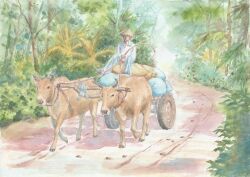  1boy bull cart collared_shirt commentary_request dirt_road hat holding holding_riding_crop in_cart jungle male_focus nature original outdoors painting_(medium) pants paruperu rice_hat riding_crop road sack scenery shirt shoes sitting solo traditional_media watercolor_(medium) white_pants white_shirt wide_shot 