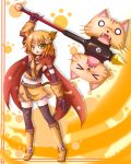 animal_ears bell boots cat_ears cat_tail fang gloves hair_ornament kuena midriff open_mouth orange_hair original short_hair solo tail thigh-highs thighhighs weapon yellow_eyes 