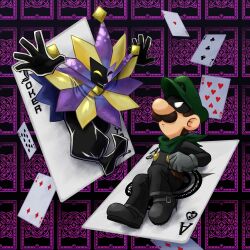  2boys abstract_background ace_(playing_card) bandana black_background black_boots black_overalls black_pants black_shirt boots brown_hair card commentary_request dark_persona dimentio disembodied_hand domino_mask eye_mask facial_hair green_bandana green_hat hands_up hat highres jester jester_cap joker_(playing_card) long_sleeves male_focus marin_(marin_116) mask masquerade_mask mr._l multiple_boys mustache overalls pants paper_mario_(series) playing_card purple_background shirt short_hair sitting super_mario_bros. super_paper_mario two-tone_capelet 