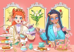  2girls :o absurdres alternate_costume buttons cake cake_slice cardigan coat cup cupcake dark-skinned_female dark_skin earrings eating eevee eyelashes flower food fruit green_eyes green_nails hair_ornament heart heart_hair_ornament highres holding hoop_earrings jewelry long_hair long_sleeves looking_at_viewer multiple_girls nail_polish necklace nessa_(pokemon) open_mouth orange_hair pikachu pink_flower pokemon pokemon_sword_and_shield polteageist saucer shiba_(tonari_no_shiba_inu) shirt sinistea sonia_(pokemon) strawberry sunglasses sweater_under_coat table teapot teeth tongue upper_teeth_only yamper yellow_nails 