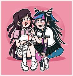  2girls :p alt_text apron asymmetrical_legwear bandaged_arm bandaged_hand bandaged_leg bandages black_hair black_nails black_sailor_collar black_skirt blue_hair blue_streaks blue_thighhighs blush border closed_mouth collared_shirt commentary danganronpa_(series) danganronpa_2:_goodbye_despair ear_piercing elbow_gloves english_commentary eyelashes face_piercing fingerless_gloves fingernails gloves hair_horns hands_on_own_knees highres justrandomgrill long_hair mioda_ibuki mismatched_legwear mismatched_shoelaces mismatched_thighhighs mouth_piercing multicolored_hair multiple_girls nail_polish neckerchief open_mouth outline piercing pink_background pink_eyes pink_hair pink_neckerchief pink_shirt pink_streaks pink_thighhighs purple_hair sailor_collar school_uniform serafuku shirt shoelaces shoes short_sleeves simple_background single_elbow_glove single_fingerless_glove sitting skirt smile socks streaked_hair striped_clothes striped_gloves teeth thigh-highs tongue tongue_out tongue_piercing torn_clothes torn_thighhighs tsumiki_mikan upper_teeth_only violet_eyes white_apron white_border white_hair white_outline white_shirt white_shoes white_socks yuri 