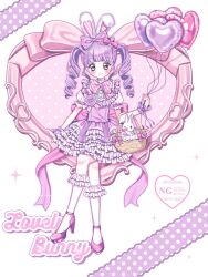  1girl accurate_lolita_coord animal_ears back_bow balloon basket blush bow bowtie bunny_day crossed_legs diagonal-striped_bow diagonal-striped_bowtie diagonal-striped_clothes dress english_text fake_animal_ears frilled_dress frilled_socks frills full_body hair_bow heart heart_balloon highres holding holding_basket lolita_fashion long_hair looking_at_viewer original pastel_colors pink_bow pink_bowtie pink_dress pink_eyes pink_theme polka_dot puffy_short_sleeves puffy_sleeves purple_hair rabbit rabbit_ears ribbon ringlets shirt short_sleeves sitting smile socks solo striped_bow striped_bowtie striped_clothes sweet_lolita twintails white_shirt white_socks yume_kawaii yuni_(s_ribbon) 