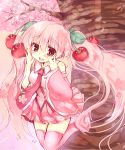  1girl blush breasts cherry cherry_blossoms food fruit hatsune_miku highres long_hair looking_at_viewer necktie open_mouth pink pink_hair pink_legwear sakura_miku skirt smile solo suzune_rena thighhighs twintails very_long_hair vocaloid 