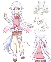  1boy anime_screenshot_inset ascot bow bow_legwear bracelet brooch brown_shorts collared_shirt curled_fingers dot_nose double-parted_bangs frilled_shorts frilled_sleeves frills full_body hair_between_eyes hair_bow hand_up highres jewelry kyubey leg_ribbon long_hair long_sleeves looking_at_viewer mahou_shoujo_madoka_magica mahou_shoujo_madoka_magica_(anime) male_focus natsupochipon personification pink_ascot pink_eyes pink_vest ribbon screenshot_inset shirt shorts simple_background smile socks standing straight-on thigh_ribbon very_long_hair vest white_background white_hair white_shirt white_socks 