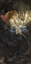  alcd artist_name blonde_hair book candle cat dated desk frills highres long_hair open_mouth orange_eyes pixiv_fantasia pixiv_fantasia_sword_regalia profile quill sitting skirt solo yellow_eyes 