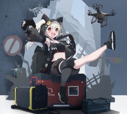  1girl animal_ears armpits black_gloves black_jacket black_shoes black_shorts black_sleeves black_tube_top cat_ears chinese_commentary commentary_request controller detached_sleeves drone fake_animal_ears fang fingerless_gloves full_body game_controller generator gloves grey_hair holding holding_controller holding_game_controller jacket knee_pads long_hair looking_at_viewer open_mouth orange_eyes original shoe_soles shoes shorts single_knee_pad sitting skin_fang strapless tube_top twintails wubaiye_zhu 