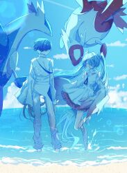  1boy 1girl absurdly_long_hair aqua_hair beach blue_hair blue_sky closed_eyes closed_mouth clouds commentary day dress from_behind futaba969649 hair_over_eyes hair_over_one_eye hatsune_miku highres kaito_(vocaloid) latias latios long_hair long_sleeves looking_at_another mugen_no_ticket_(vocaloid) ocean open_mouth outdoors pants pokemon pokemon_(creature) project_voltage sand shirt short_hair sidelocks sky smile standing turning_head twintails very_long_hair vocaloid water white_dress white_pants white_shirt 