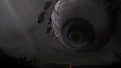  1other ambiguous_gender commentary_request dark disembodied_eye eye_of_cthulhu full_body grey_sky highres holding holding_torch horror_(theme) looking_at_another lyljyo outdoors player_character_(terraria) scenery silhouette sky tagme terraria torch 