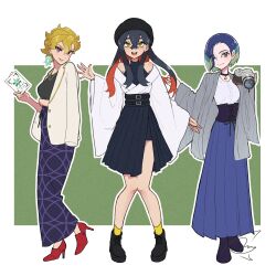  3girls absurdres blonde_hair briar_(pokemon) camera carmine_(pokemon) full_body green_background grin highres holding holding_camera jacket long_hair looking_at_viewer meru_merume603 multicolored_hair multiple_girls open_clothes open_jacket open_mouth outside_border perrin_(pokemon) pokemon pokemon_scarlet_and_violet short_hair smile teeth upper_teeth_only 