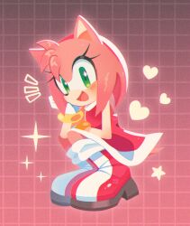  1girl :d absurdres amy_rose boots commentary eyelashes furry furry_male gradient_background green_eyes grid_background heart hedgehog_girl highres looking_at_viewer notice_lines open_mouth pink_background pink_fur smile solo sonic_(series) sparkle squatting xyorit 