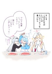  3girls absurdres aiguillette arona_(blue_archive) black_coat blonde_hair blonde_student_council_president_(blue_archive) blue_archive blue_hair blue_halo blue_shirt bow_hairband braid closed_mouth coat commentary_request empty_plate epaulettes food fork grey_hair hair_over_one_eye hairband halo hat highres holding holding_fork holding_napkin holding_spoon long_hair multicolored_hair multicolored_halo multiple_girls pasta pink_streaks plana_(blue_archive) red_halo ribbon shirt shoulder_strap single_braid single_epaulette spaghetti sparkle spoon streaked_hair translation_request two-tone_halo urode white_background white_hairband white_halo white_hat white_ribbon wiping_another's_mouth yellow_halo 