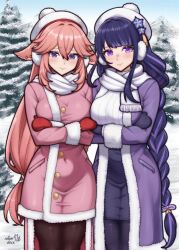  2girls absurdres animal_ear_piercing animal_ears arms_under_breasts artist_logo beanie black_pantyhose blush breasts brown_pantyhose coat cold covered_navel cowboy_shot crossed_arms day earmuffs fur-trimmed_coat fur_trim genshin_impact hat highres large_breasts logo long_hair looking_at_viewer multiple_girls outdoors pantyhose pink_coat pink_hair pom_pom_(clothes) pom_pom_beanie purple_hair purple_skirt raiden_shogun rotomdocs scarf skirt snow sweater trembling very_long_hair violet_eyes white_hat white_scarf white_sweater winter winter_clothes yae_miko 