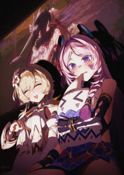  4girls absurdres aquilar asymmetrical_gloves bare_shoulders biting black_gloves blonde_hair blue_eyes bracelet chinese_commentary citlali_(genshin_impact) closed_eyes columbina_(genshin_impact) commentary_request dress elbow_gloves facial_mark fingerless_gloves flower game_screenshot_inset genshin_impact gloves hair_between_eyes hair_flower hair_ornament handkerchief highres holding holding_handkerchief jewelry long_hair lumine_(as_heaven_and_earth_are_made_anew)_(genshin_impact) lumine_(genshin_impact) multiple_girls official_alternate_costume open_mouth parted_lips pink_hair pink_pupils sandrone_(genshin_impact) screenshot_inset shadow sitting smile tears triangle triangle_facial_mark uneven_gloves white_dress white_flower 
