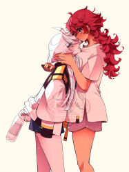  2girls artist_name asticassia_school_uniform blush borrowed_clothes bottle commentary_request curly_hair ear_blush eye_contact gundam gundam_suisei_no_majo highres holding holding_bottle holding_phone izumiya_otoha jacket long_hair looking_at_another miorine_rembran multiple_girls open_mouth phone red_hair school_uniform shirt simple_background smile suletta_mercury twitter_username watermark white_hair white_jacket white_shirt yellow_background yuri 