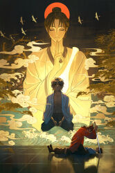  2boys absurdres aged_down all_wishes_come_true! bird black_boots black_hair black_pants blue_hanfu boots bottle brown_hair chinese_clothes chinese_commentary closed_eyes closed_mouth clouds commentary_request egasumi facing_away facing_viewer finger_to_mouth full_moon hair_bun half_updo hand_up hanfu high_ponytail highres holding holding_bottle holding_sword holding_weapon implied_yaoi leaf long_hair long_sleeves lv_dongbin_(all_wishes_come_true!) lying male_focus moon multiple_boys multiple_views on_back on_floor pants ponytail red_hanfu reflection reflective_floor robe sandals senximianzhong shushing single_hair_bun sitting sitting_on_person sky smile straddling sun sword tile_floor tiles time_paradox tree water waves weapon white_hanfu wide_sleeves zhongli_quan_(all_wishes_come_true!) 