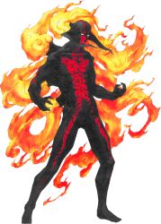  1boy barefoot black_claws black_skin colored_skin demon_(megami_tensei) fire full_body highres jimenez_(soil)_(strange_journey) jimenez_(strange_journey) kazuma_kaneko no_pupils official_art red_skin shin_megami_tensei shin_megami_tensei:_strange_journey solo spoilers teeth transformation 