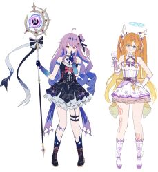  2girls ahoge alternate_costume bare_shoulders black_boots blonde_hair blue_eyes blue_hair body_markings boots breasts closed_mouth colored_extremities colored_inner_hair commentary_request denia_(breakdown)_(wuthering_waves) denia_(wuthering_waves) dress finger_to_mouth gloves gradient_hair hair_ornament halo hand_on_own_hip hand_up highres holding holding_staff index_finger_raised korean_commentary light_blush long_hair looking_at_viewer medium_breasts multicolored_hair multiple_girls orange_hair pink_hair purple_dress shushing sigrika_(wuthering_waves) smile soul_(smfa2555) staff standing twintails violet_eyes white_boots white_dress white_gloves wuthering_waves 